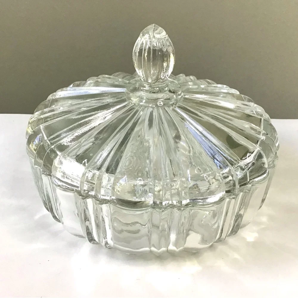 Vintage Anchor Hocking Old Cafe Clear Depression Glass Candy Dish with Lid 7”